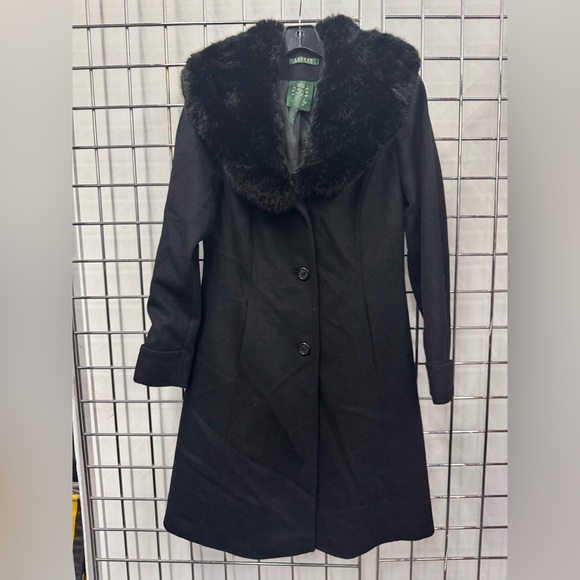 LAUREN RALPH LAUREN FAUX FUR TRIM BLACK WOOL BLEND‎ COAT SIZE 6 - Picture 1 of 10